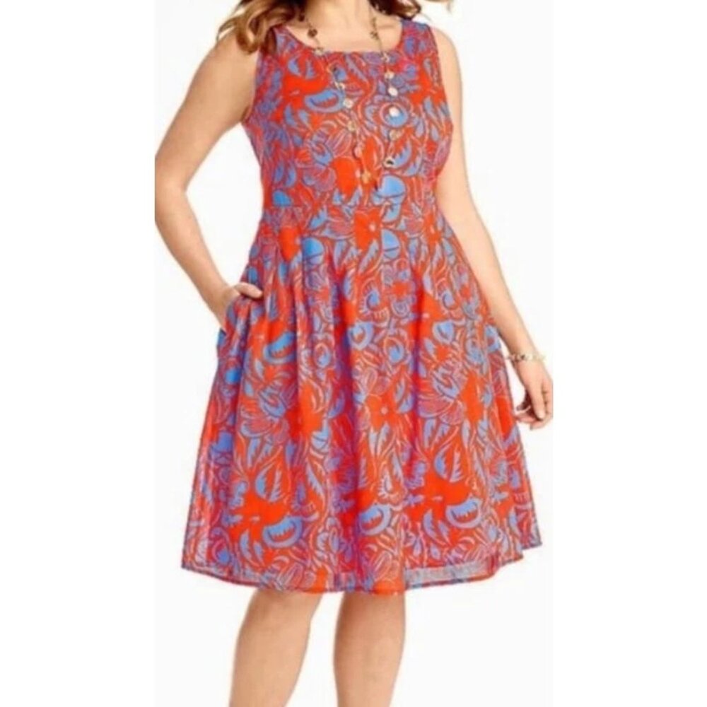 Talbots Women's 10P Orange Blue Floral Sleeveless Dress Cotton Pleated Pockets